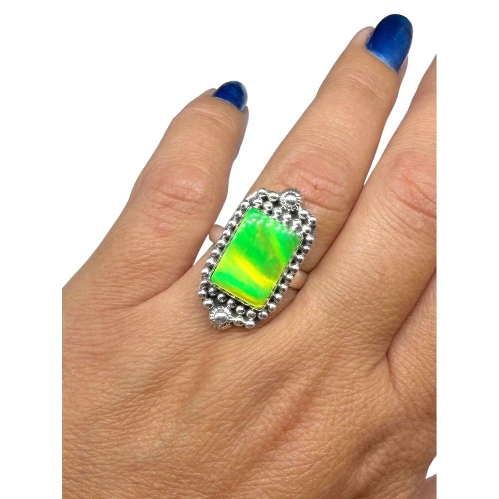 Aurora Fire Opal Ring Size 8 Solid 925 Sterling Silver Aura Lime Green